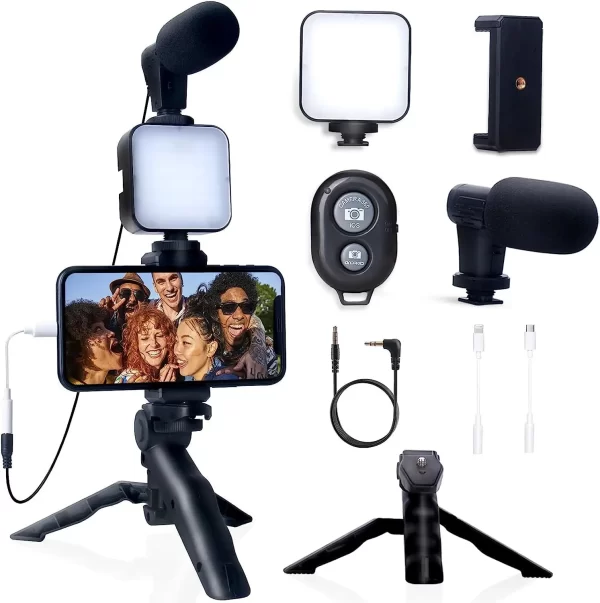 Kit smartphone para fazer lives (you tube , tik tok ....)com lâmpada, microfone e controle remoto.