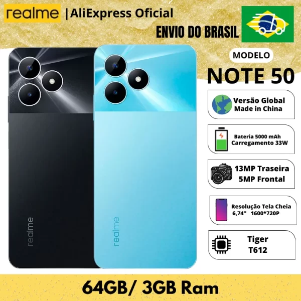 Telefone celular Realme Note 50 64GB ROM / 3GB RAM | Envio do Brasil | Smartphone 4G , ROM Global , Processador Tiger T612