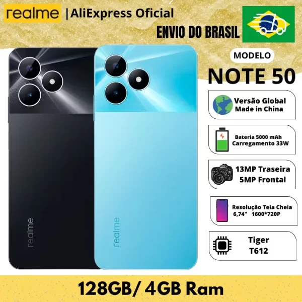 elefone celular Realme Note 50 128GB ROM / 4GB RAM |  4G Smartphone, Global ROM, Processador  Tiger T612